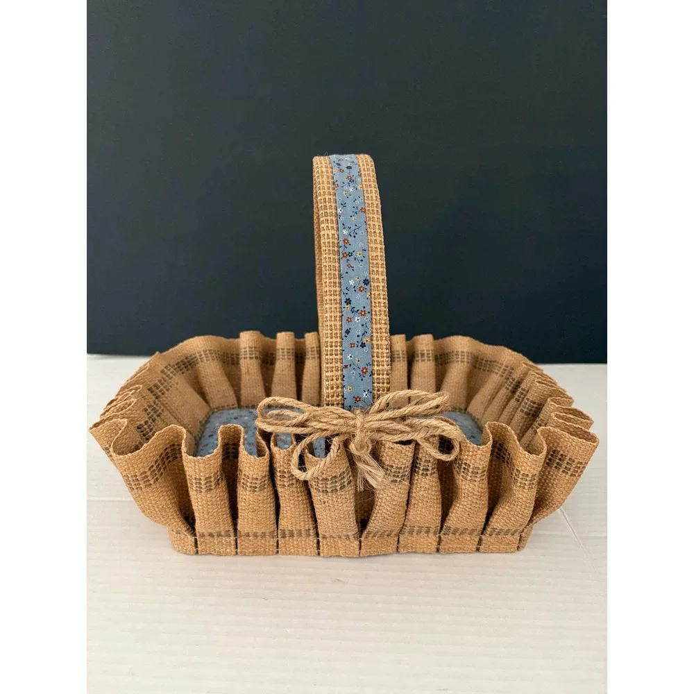 VTG Handmade Burlap Basket Farmhouse Primitive Rustic Tan Blue Floral Handle